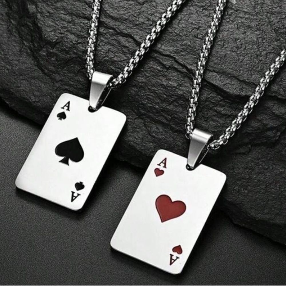 3for$20 1pc Men's Poker Card Charm Necklace, Heart Couple Pendant Necklace